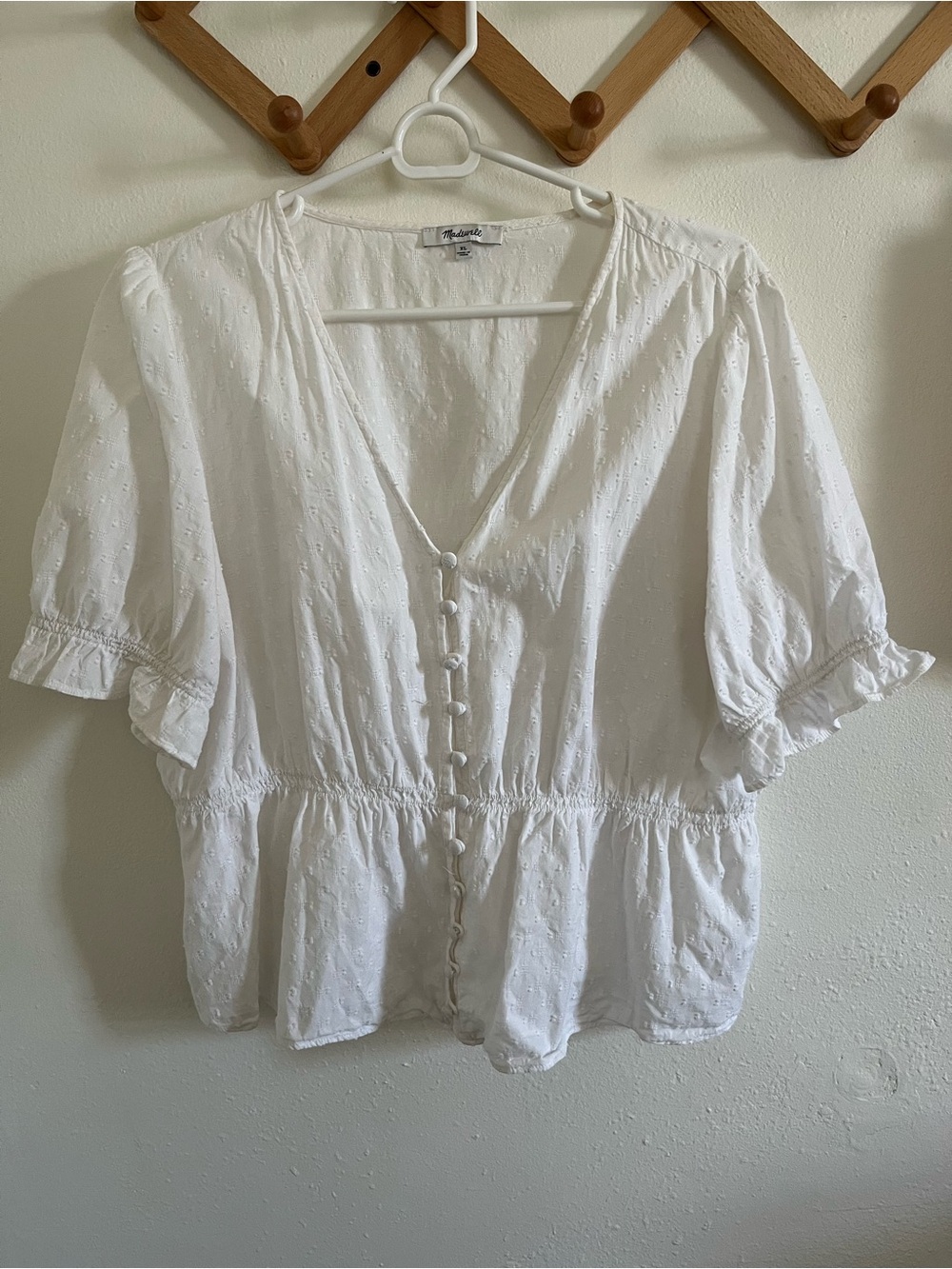 Madewell White Eyelet Peplum Button-Up Blouse
